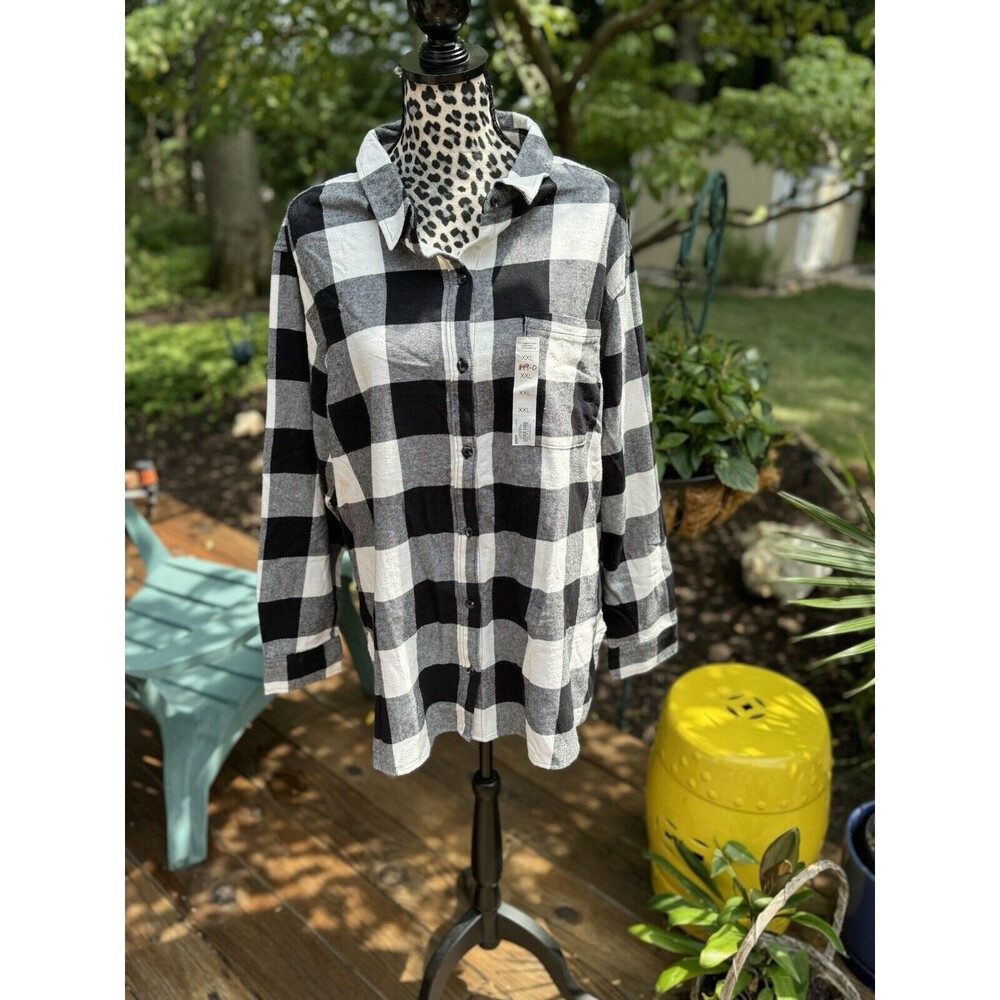 SO Juniors Women's Black White Buffalo Check Cozy Flannel Shirt Top XXL New